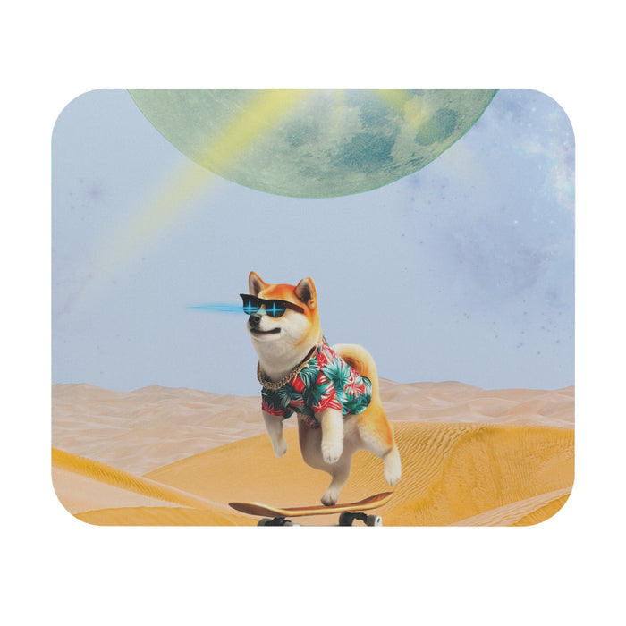 Galactic Shiba X Mouse Pad: light blue, yellow Shiba Inu dog skateboarding in a desert scene, surreal cartoon-like digital il