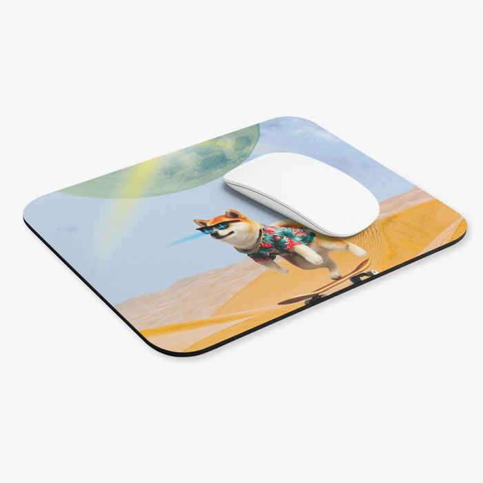 Galactic Shiba X Mouse Pad: light blue, yellow Shiba Inu dog skateboarding in a desert scene, surreal cartoon-like digital il