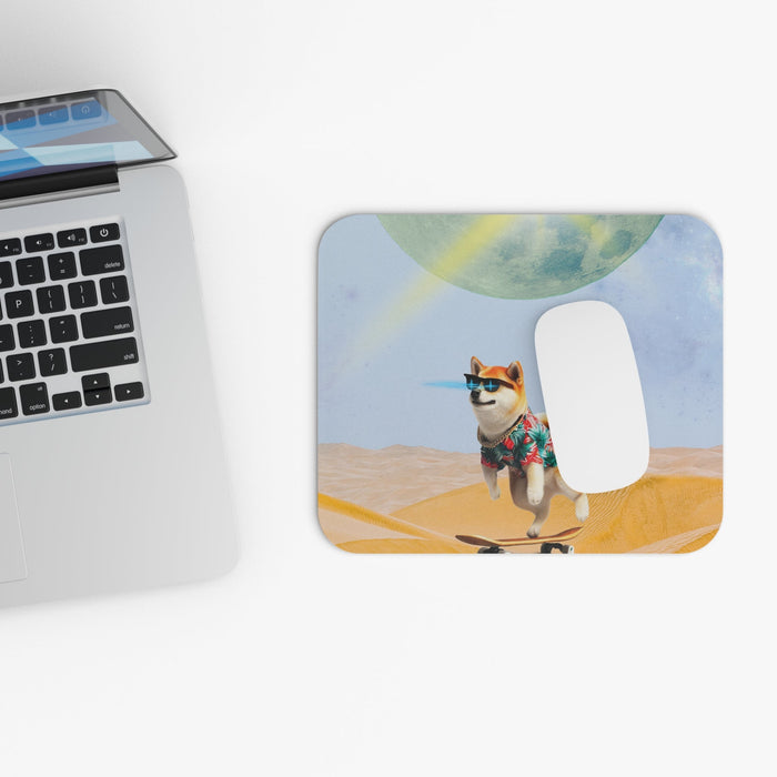 Galactic Shiba X Mouse Pad: light blue, yellow Shiba Inu dog skateboarding in a desert scene, surreal cartoon-like digital il