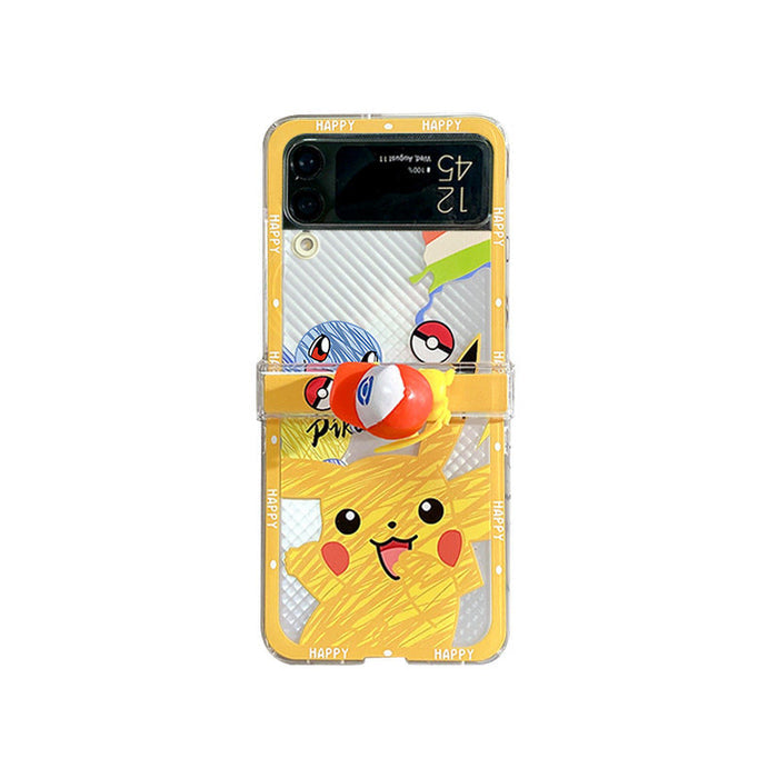 Galaxy Flip 4 Anime Phone Cases: yellow, clear Pokémon characters, including Pikachu and Poké Balls, cartoon, kawaii style