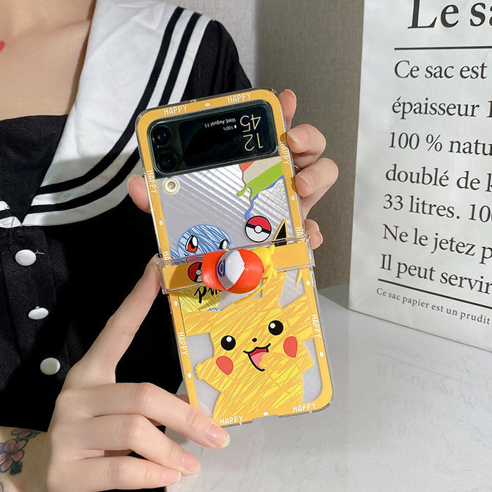 Galaxy Flip 4 Anime Phone Cases: yellow, clear Pokémon characters, including Pikachu and Poké Balls, cartoon, kawaii style