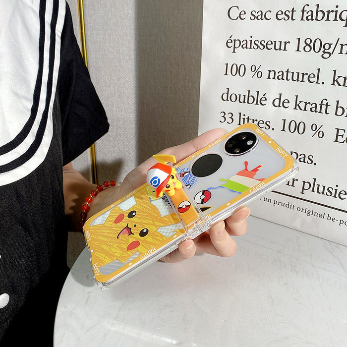 Galaxy Flip 4 Anime Phone Cases: yellow, clear Pokémon characters, including Pikachu and Poké Balls, cartoon, kawaii style