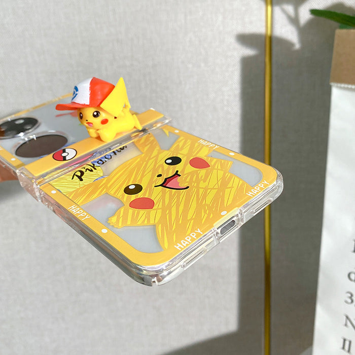Galaxy Flip 4 Anime Phone Cases: yellow, clear Pokémon characters, including Pikachu and Poké Balls, cartoon, kawaii style