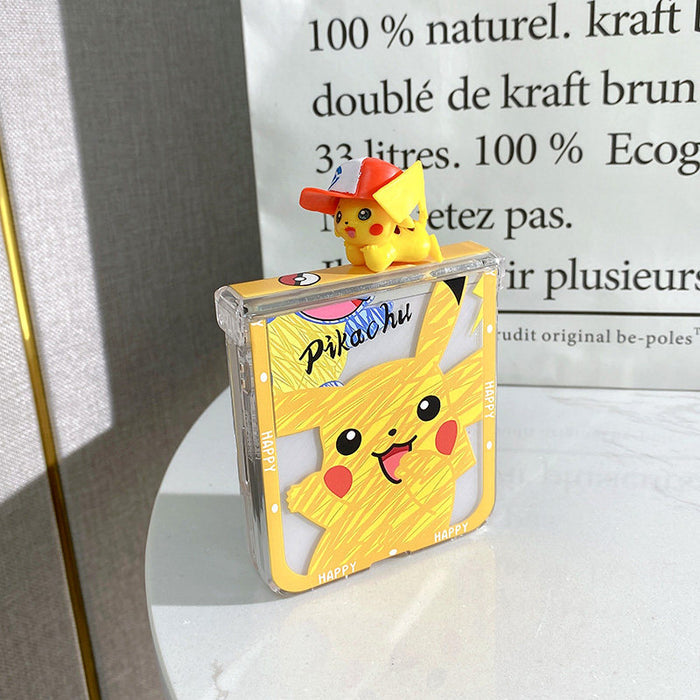 Galaxy Flip 4 Anime Phone Cases: yellow, clear Pokémon characters, including Pikachu and Poké Balls, cartoon, kawaii style