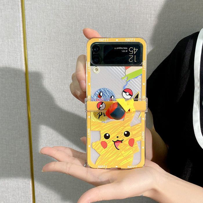Galaxy Flip 4 Anime Phone Cases: yellow, clear Pokémon characters, including Pikachu and Poké Balls, cartoon, kawaii style