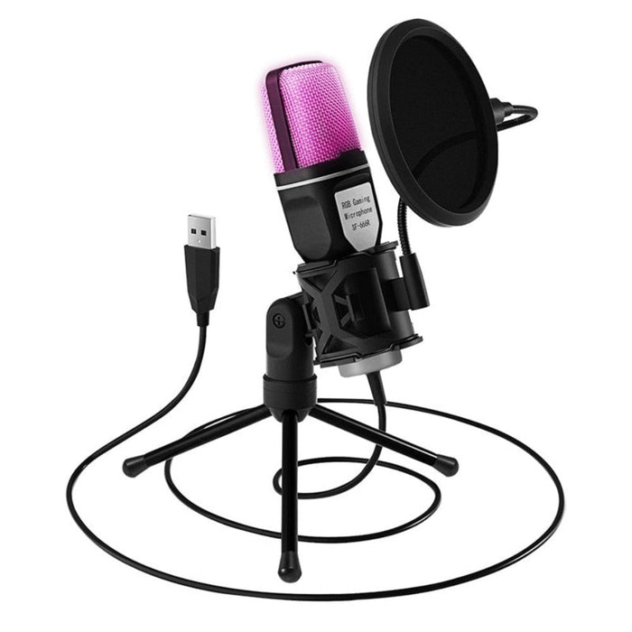 Gaming Desktop Microphone with RGB: black, pink USB desktop microphone kit, modern studio recording style