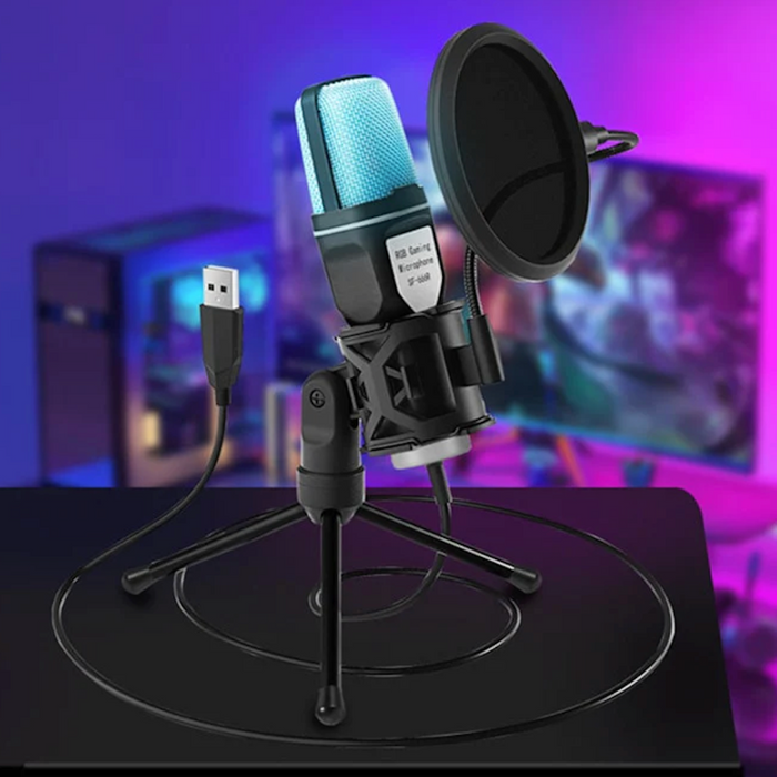 Gaming Desktop Microphone with RGB: black, pink USB desktop microphone kit, modern studio recording style