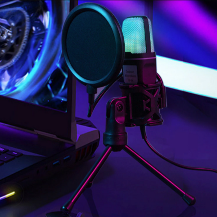 Gaming Desktop Microphone with RGB: black, pink USB desktop microphone kit, modern studio recording style