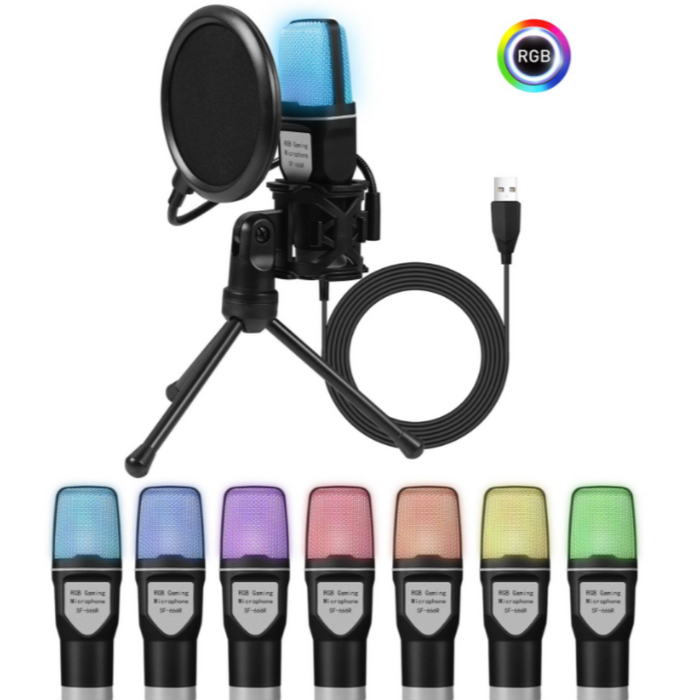 Gaming Desktop Microphone with RGB: black, pink USB desktop microphone kit, modern studio recording style