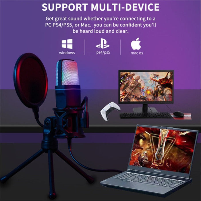 Gaming Desktop Microphone with RGB: black, pink USB desktop microphone kit, modern studio recording style