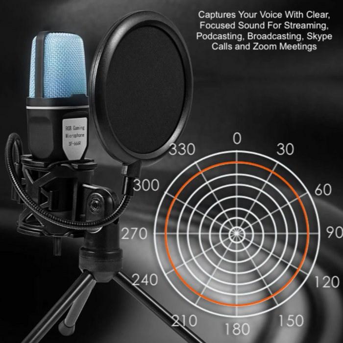 Gaming Desktop Microphone with RGB: black, pink USB desktop microphone kit, modern studio recording style