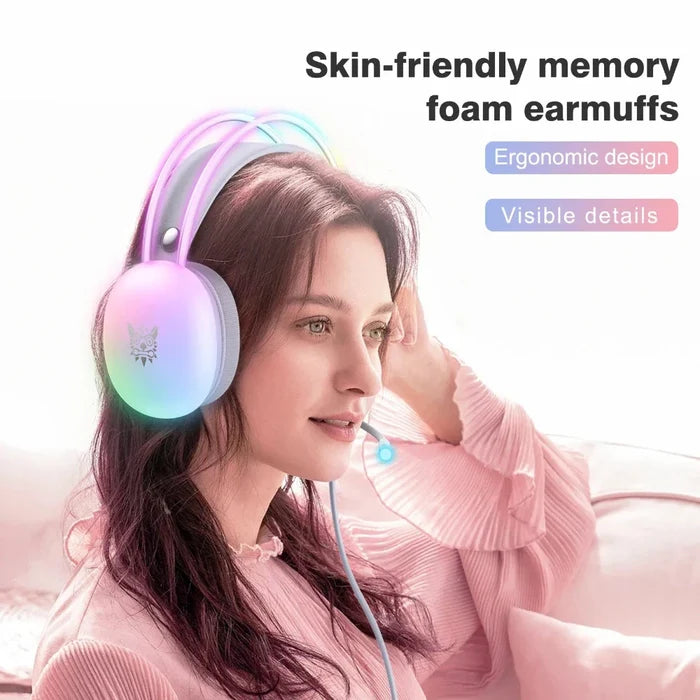 Gaming Headset with RGB Lighting and Built-in Microphone: pink, purple earmuffs, pastel kawaii style