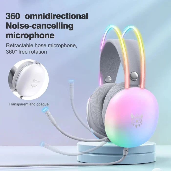 Gaming Headset with RGB Lighting and Built-in Microphone: pink, purple earmuffs, pastel kawaii style