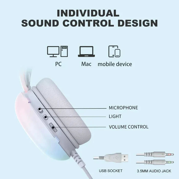 Gaming Headset with RGB Lighting and Built-in Microphone: pink, purple earmuffs, pastel kawaii style