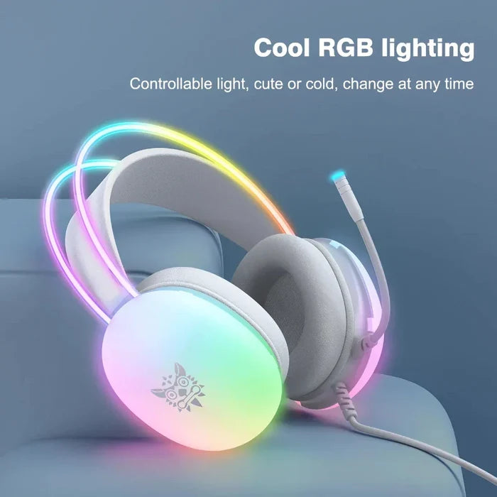Gaming Headset with RGB Lighting and Built-in Microphone: pink, purple earmuffs, pastel kawaii style