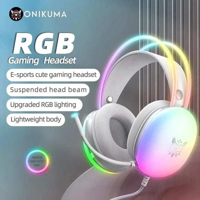 Gaming Headset with RGB Lighting and Built-in Microphone: pink, purple earmuffs, pastel kawaii style