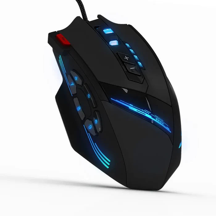 Gaming Mouse with 12 Buttons and 4 Adjustable DPI Levels: black, blue wired gaming computer mouse, futuristic gaming style