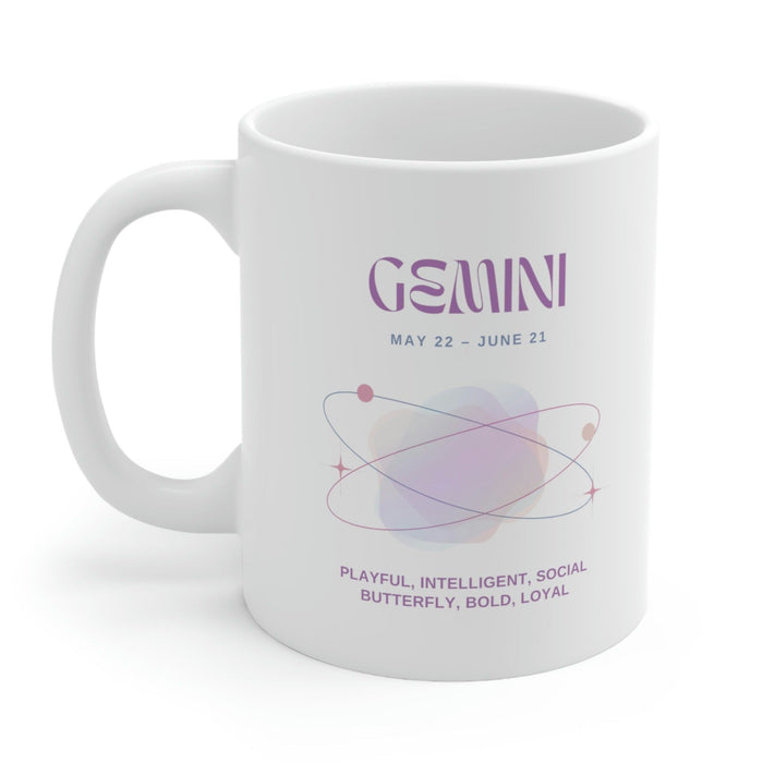 Gemini Zodiac Characteristics Coffee Cup: white, purple Gemini zodiac theme, minimal pastel zodiac graphic style