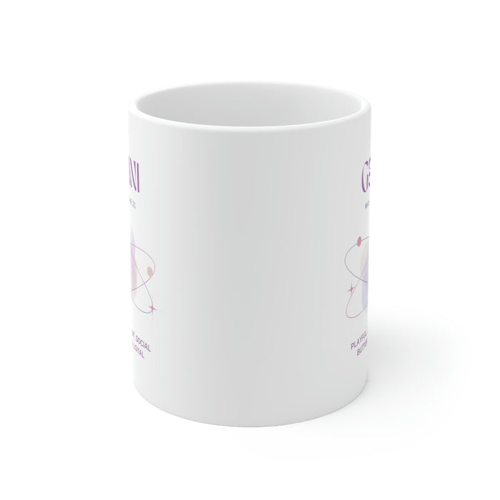 Gemini Zodiac Characteristics Coffee Cup: white, purple Gemini zodiac theme, minimal pastel zodiac graphic style