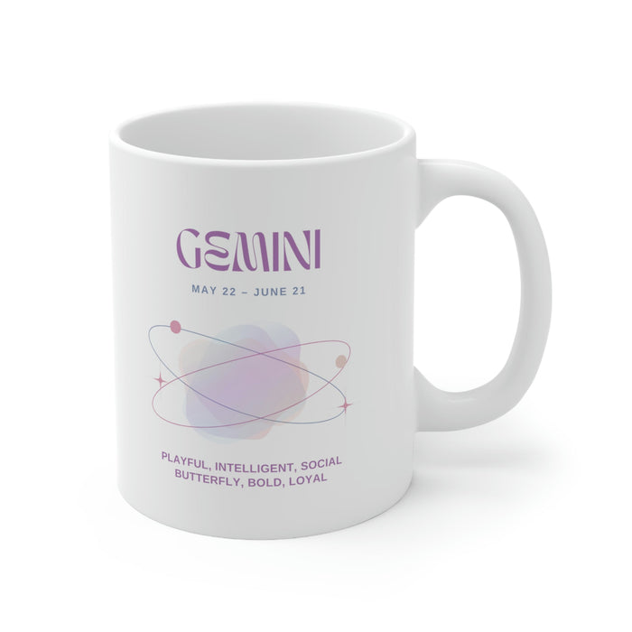 Gemini Zodiac Characteristics Coffee Cup: white, purple Gemini zodiac theme, minimal pastel zodiac graphic style