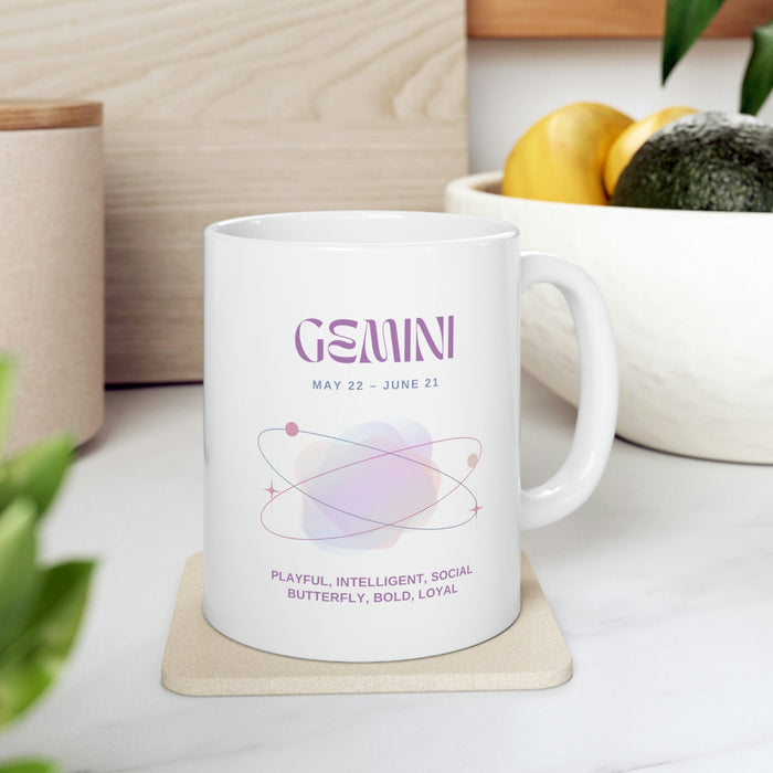 Gemini Zodiac Characteristics Coffee Cup: white, purple Gemini zodiac theme, minimal pastel zodiac graphic style