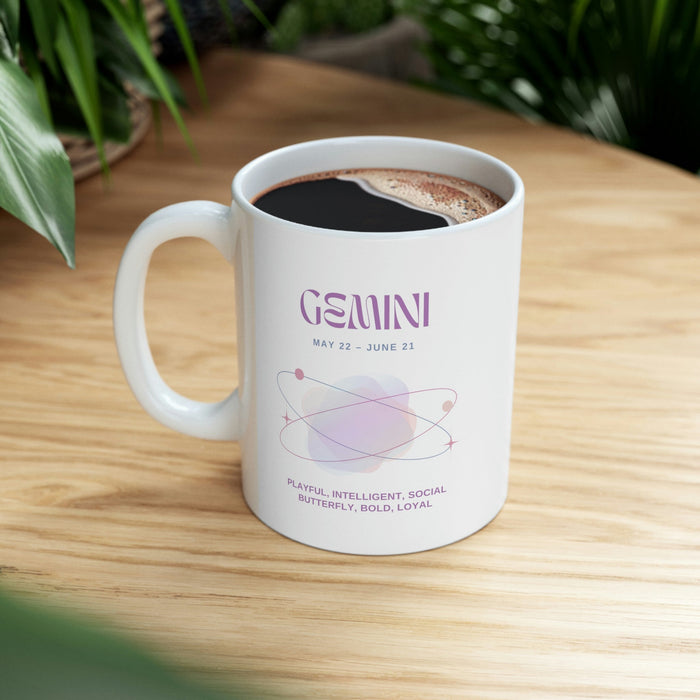 Gemini Zodiac Characteristics Coffee Cup: white, purple Gemini zodiac theme, minimal pastel zodiac graphic style