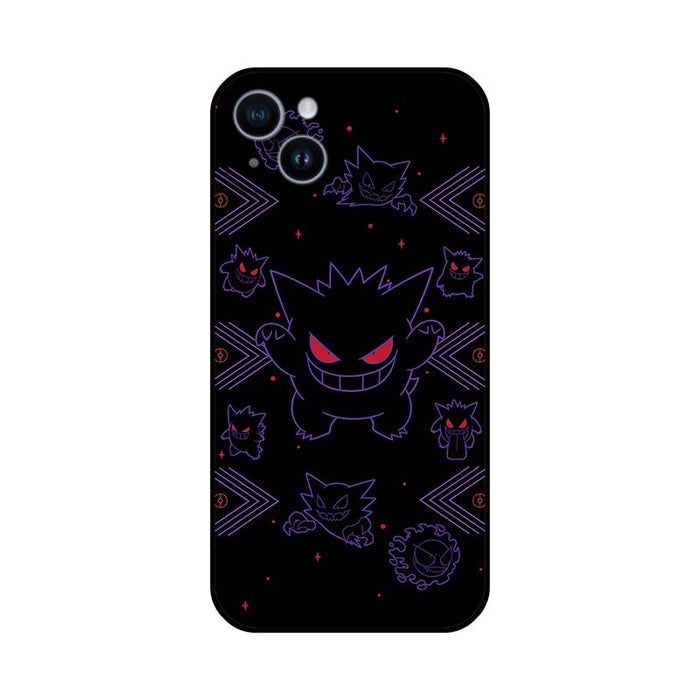 Gengar Phone Cases with Ghost Monster Design: black, purple Gengar character, cartoon style