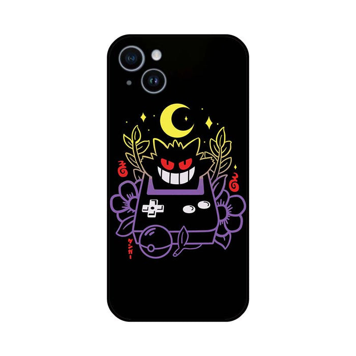 Gengar Phone Cases with Ghost Monster Design: black, purple Gengar character, cartoon style