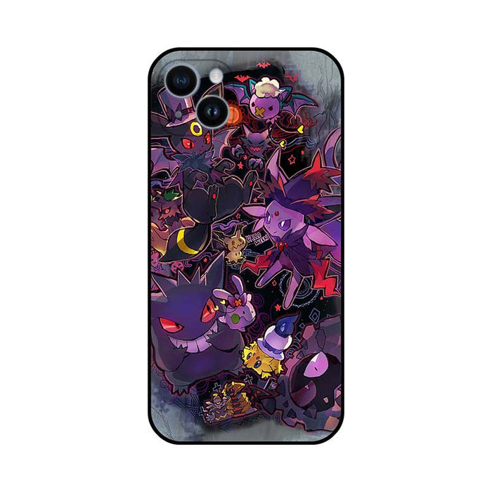 Gengar Phone Cases with Ghost Monster Design: black, purple Gengar character, cartoon style