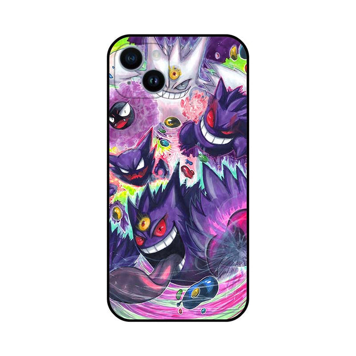 Gengar Phone Cases with Ghost Monster Design: black, purple Gengar character, cartoon style