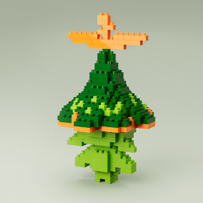 Genshin Impact Aranara Building Kit: green, yellow turtle-like character, pixelated cartoon style