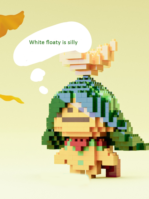 Genshin Impact Aranara Building Kit: green, yellow turtle-like character, pixelated cartoon style