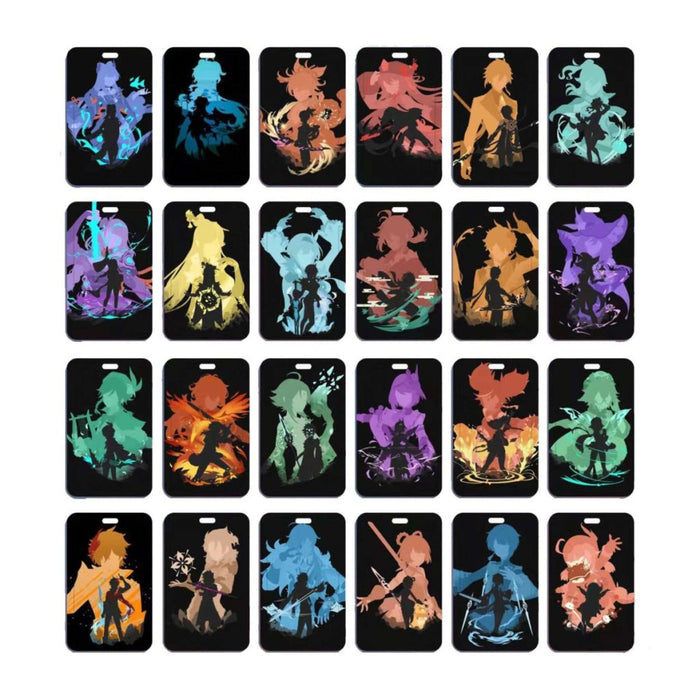 Genshin Impact Badge Holder with Characters: black, teal stylized fantasy/anime-style character silhouettes, cartoon, anime-i