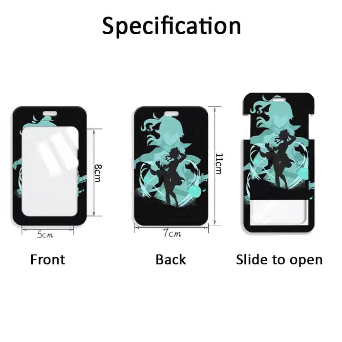 Genshin Impact Badge Holder with Characters: black, teal stylized fantasy/anime-style character silhouettes, cartoon, anime-i