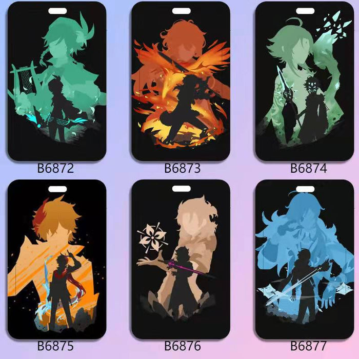 Genshin Impact Badge Holder with Characters: black, teal stylized fantasy/anime-style character silhouettes, cartoon, anime-i