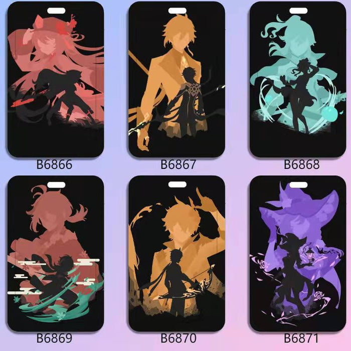 Genshin Impact Badge Holder with Characters: black, teal stylized fantasy/anime-style character silhouettes, cartoon, anime-i