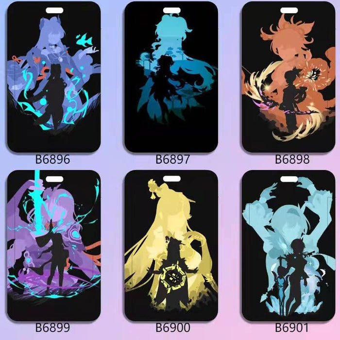 Genshin Impact Badge Holder with Characters: black, teal stylized fantasy/anime-style character silhouettes, cartoon, anime-i