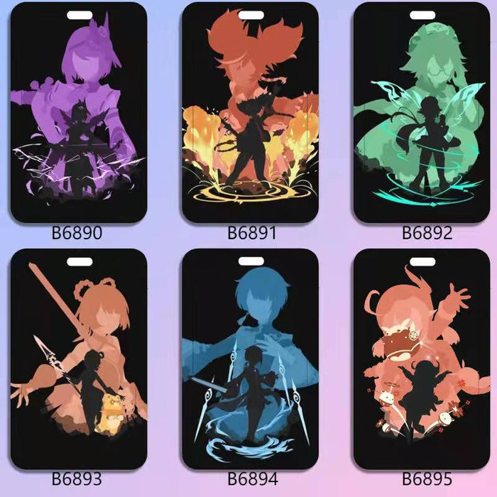 Genshin Impact Badge Holder with Characters: black, teal stylized fantasy/anime-style character silhouettes, cartoon, anime-i