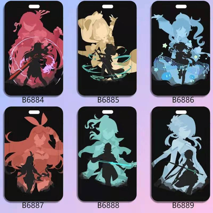 Genshin Impact Badge Holder with Characters: black, teal stylized fantasy/anime-style character silhouettes, cartoon, anime-i