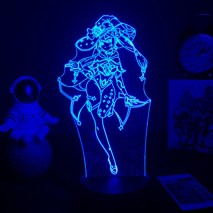 Genshin Impact Character Night Light: bright blue, dark blue anime-style female character wearing a witch hat, anime, cartoon