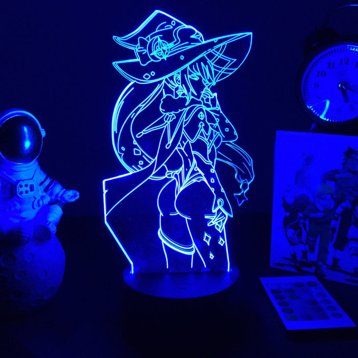 Genshin Impact Character Night Light: bright blue, dark blue anime-style female character wearing a witch hat, anime, cartoon