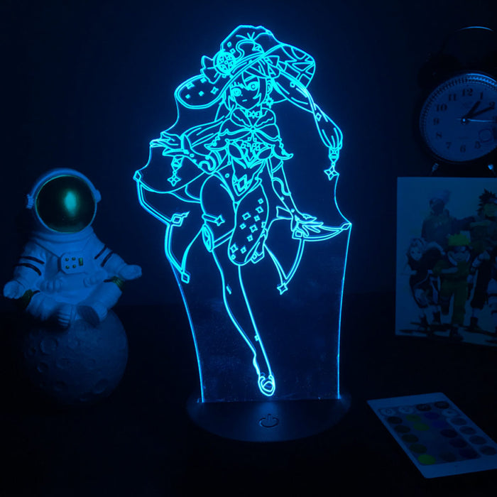 Genshin Impact Character Night Light: bright blue, dark blue anime-style female character wearing a witch hat, anime, cartoon
