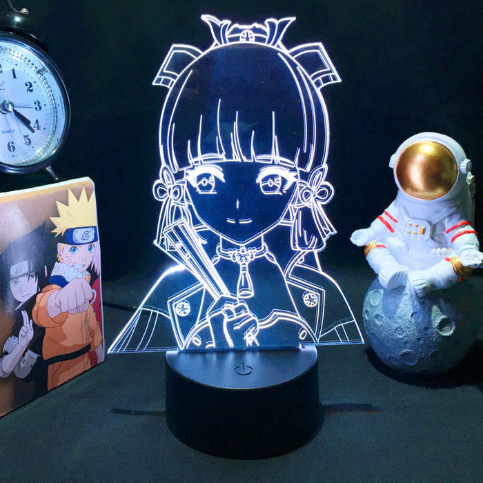 Genshin Impact Character Night Light: cyan-blue, black anime-style girl character holding a sword, anime, cartoon, neon line