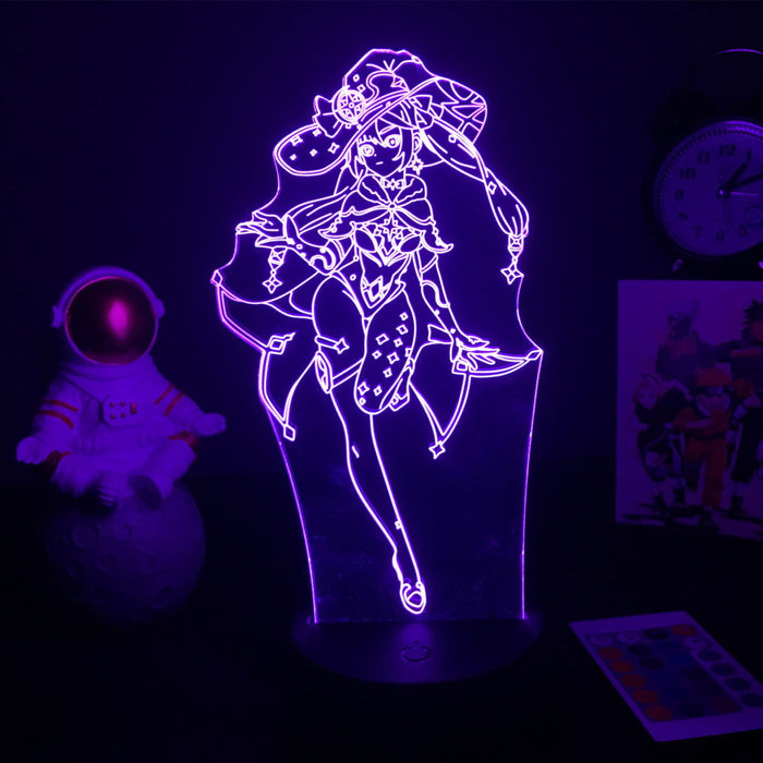Genshin Impact Character Night Light: bright blue, dark blue anime-style female character wearing a witch hat, anime, cartoon