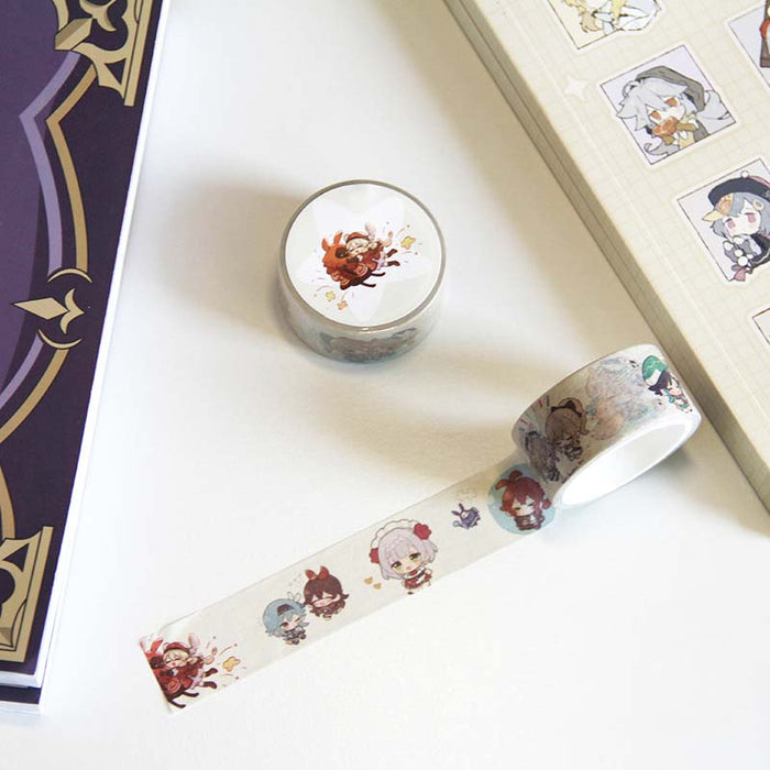 Genshin Impact Character Washi Tape Collection: white, light pink anime-style cartoon characters, kawaii cartoon style