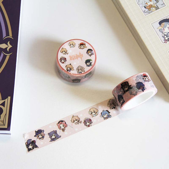 Genshin Impact Character Washi Tape Collection: white, light pink anime-style cartoon characters, kawaii cartoon style