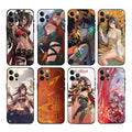 Genshin Impact Dehya Phone Case: Features & Protection: black, red anime-style female characters; one case has an abstract gr