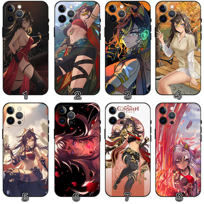 Genshin Impact Dehya Phone Case: Features & Protection: black, red anime-style female characters; one case has an abstract gr