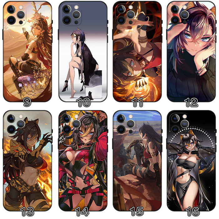 Genshin Impact Dehya Phone Case: Features & Protection: black, red anime-style female characters; one case has an abstract gr