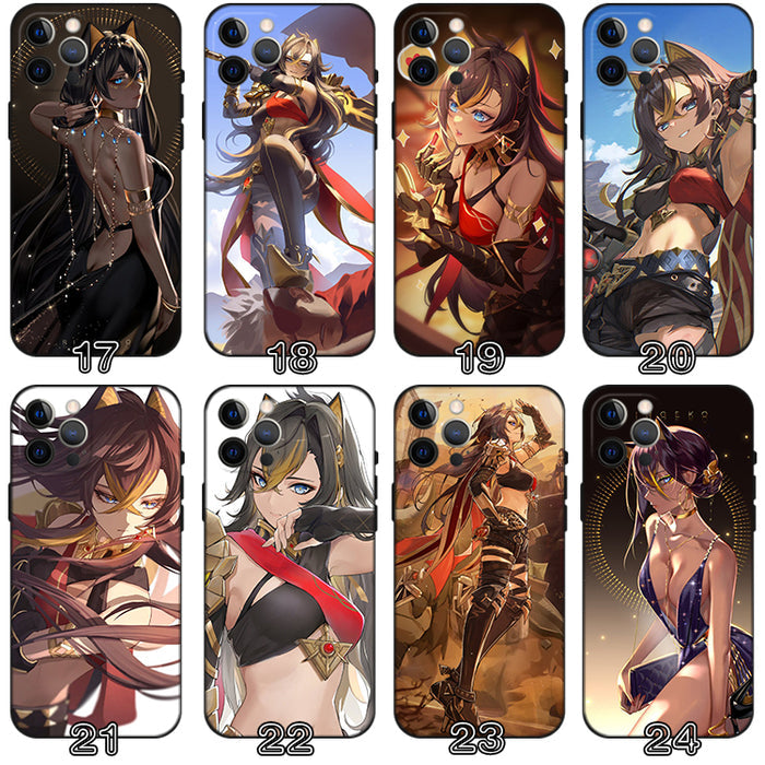 Genshin Impact Dehya Phone Case: Features & Protection: black, red anime-style female characters; one case has an abstract gr